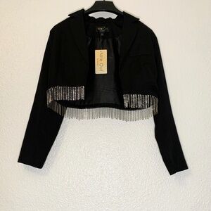 Black Cropped Rhinestone Fringe Jacket | Night Out Statement Piece